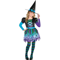 Kids' Witch Blue/Purple Dress with Leggings & Hat Halloween Costume, Assorted Sizes Front_Flat
