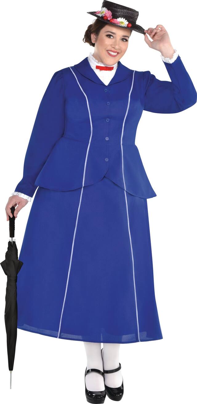 Costume de Mary Poppins de Disney pour femmes, robe bleue avec chapeau, grande taille Front_Flat
