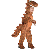 Kids' T-Rex Dinosaur Brown Jumpsuit with Hood Halloween Costume, Assorted Sizes Front_Angled_Right