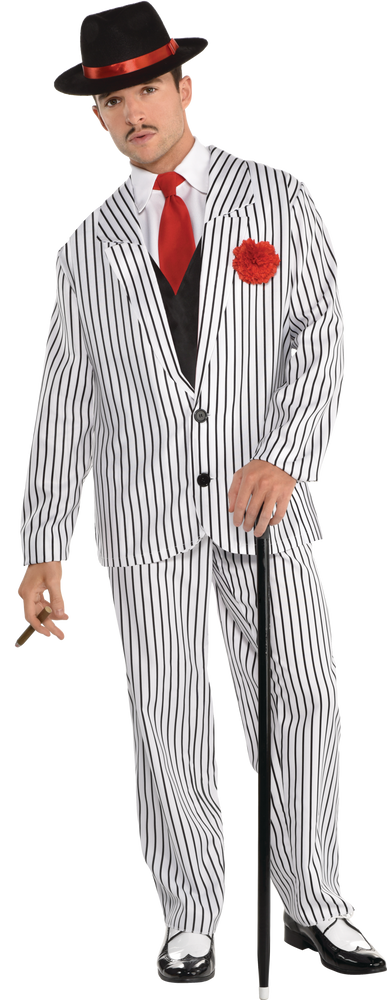 Men's Mafia Mob Gangsta Black/White Pinstriped Suit with Hat Halloween ...