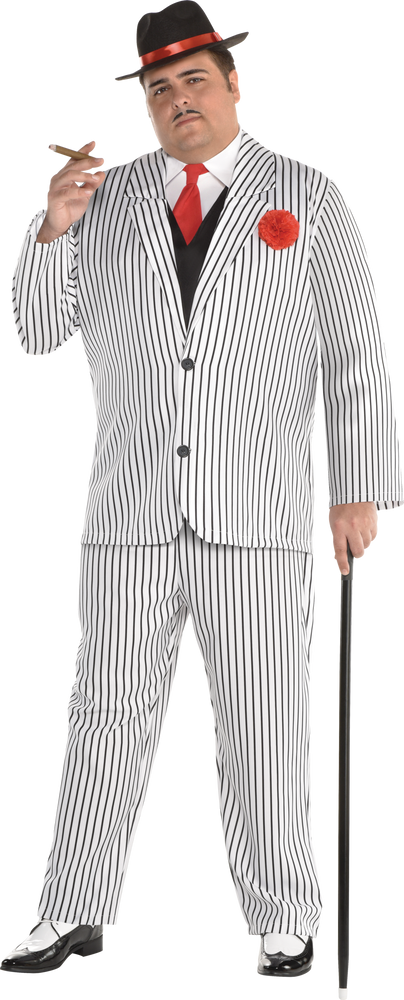 Men's Mafia Mob Gangsta Black/White Pinstriped Suit With Hat Halloween ...