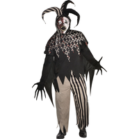 Costume de bouffon tordu pour hommes, noir, chemise/pantalon/chapeau/masque/gants, choix de tailles Front_Flat