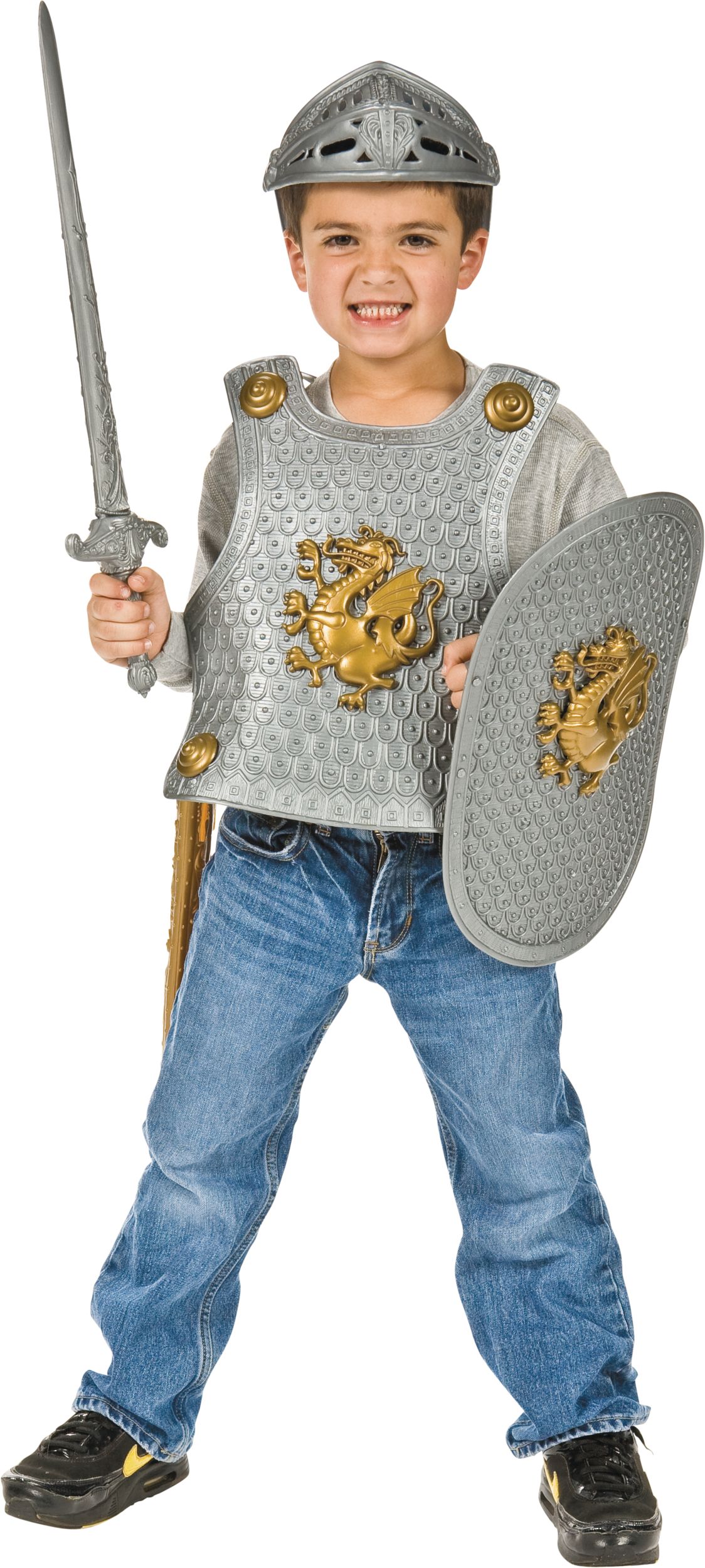 Casque de chevalier médiéval pour enfants, avec plaque de poitrine,  bouclier et épée, doré/argenté, taille unique, paq. 4, accessoires de  costume à porter pour l'Halloween