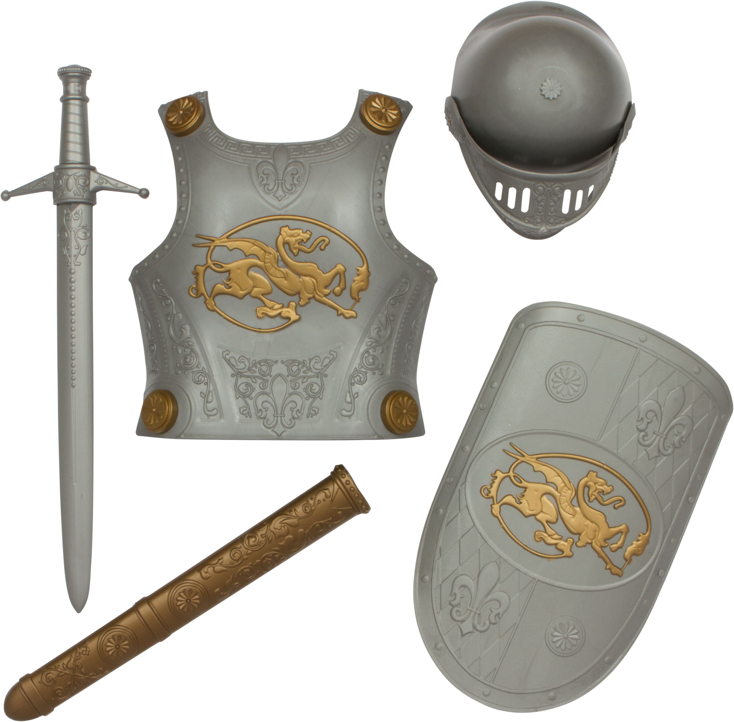 Kids' Medieval Knight Helmet, Breastplate, Shield & Sword Weapon, Gold/Silver, One Size, 4-pk, Wearable Costume Props for Halloween Overhead_Flat
