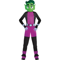 Kids' Teen Titans Go Boys Beast Green/Purple/Black Jumpsuit with Mask/Cape/Boot Covers Halloween Costume, Assorted Sizes Front_Flat