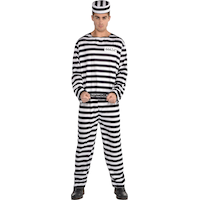 Men's Prison Inmate Black/White Striped Outfit with Shirt/Pants/Hat Halloween Costume, Assorted Sizes Front_Flat