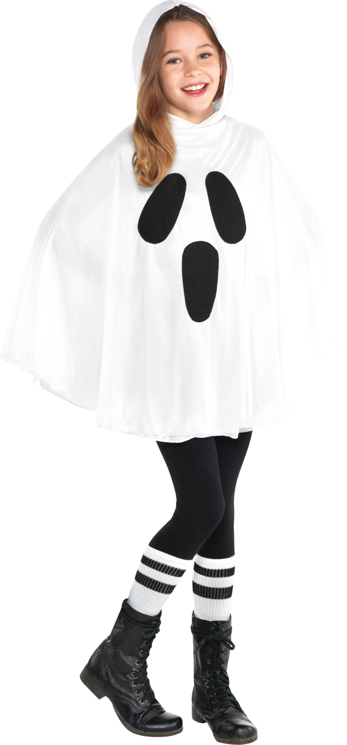 Kids' Ghost Classic Poncho, White/Black, One Size, Wearable Costume Accessory for Halloween Front_Angled_Right