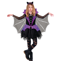 Costume de vampire gothique, enfants, robe noir/violet avec ailes et bandeau, tailles variées Front_Flat