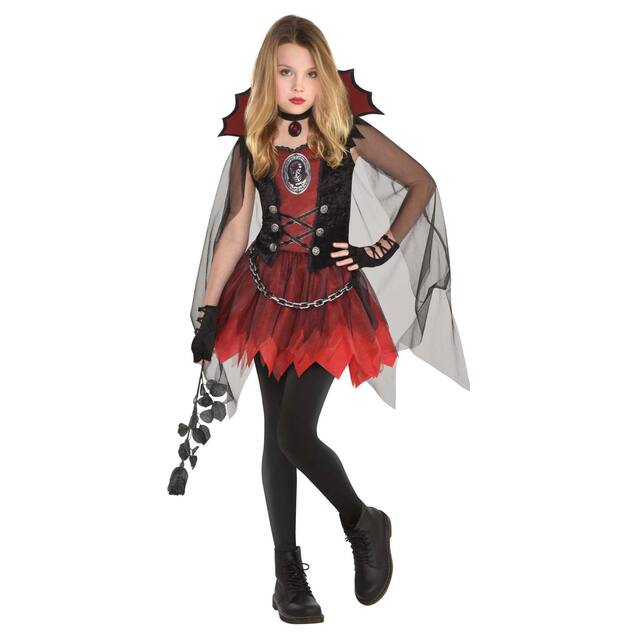 Kids' Vampire Black/Red Dress with Cape & Necklace Halloween Costume, Assorted Sizes Front_Flat