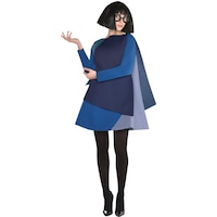 Women's Disney Pixar The Incredibles Edna Blue Dress with Wig & Glasses Halloween Costume, Assorted Sizes Front_Flat