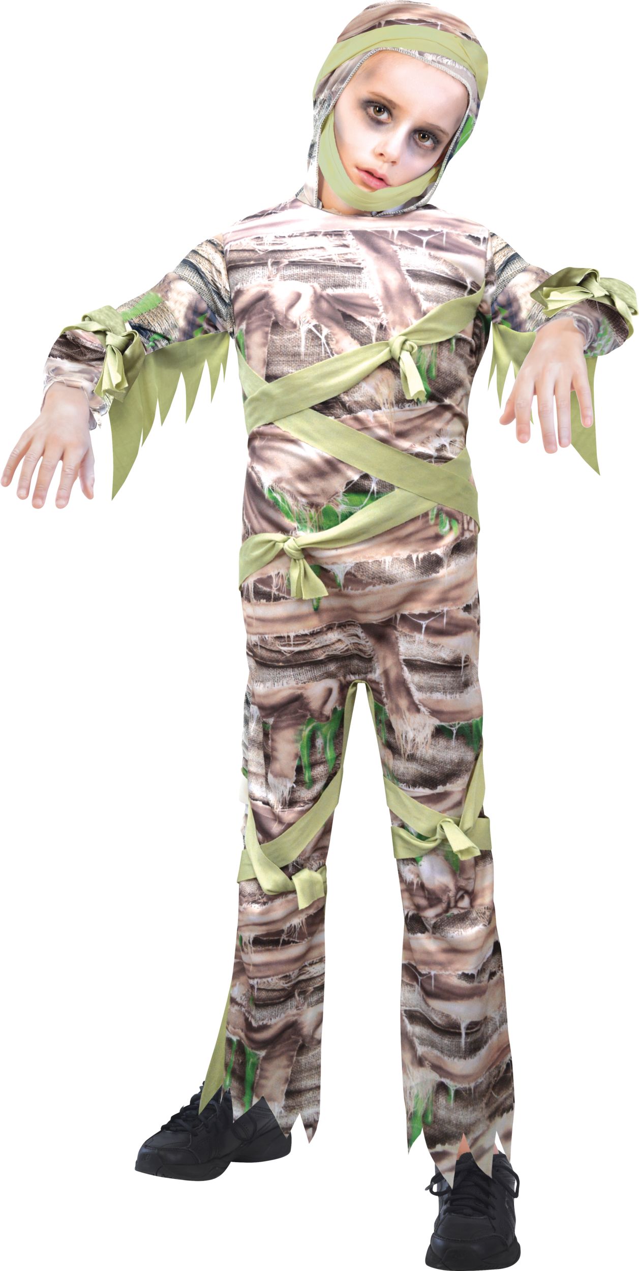 Kids' Mummy Green Jumpsuit with Hood Halloween Costume, Assorted Sizes Front_Angled_Left