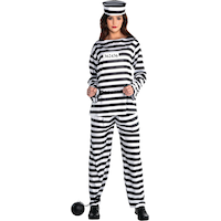 Women's Prison Inmate Black/White Striped Outfit with Shirt/Pants/Hat Halloween Costume, One Size Front_Flat