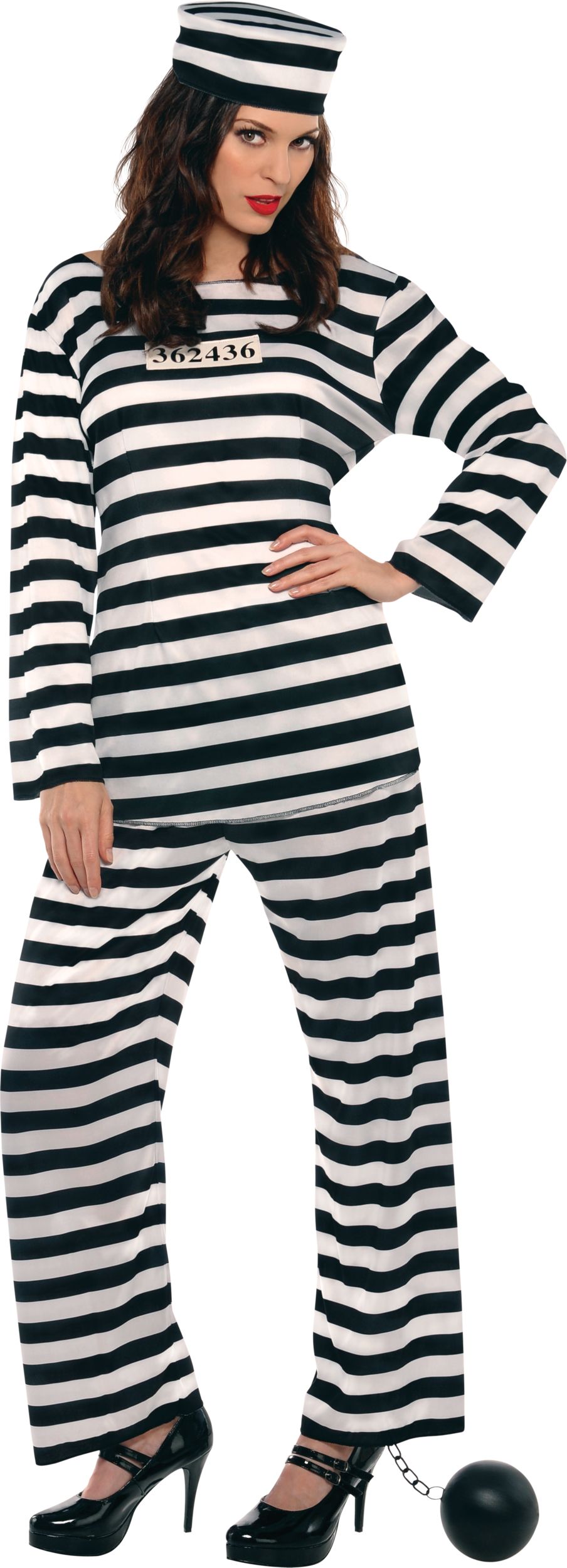 Women's Prison Inmate Black/White Striped Outfit with Shirt/Pants/Hat Halloween Costume, One Size Front_Three_Fourths_Angled_Left