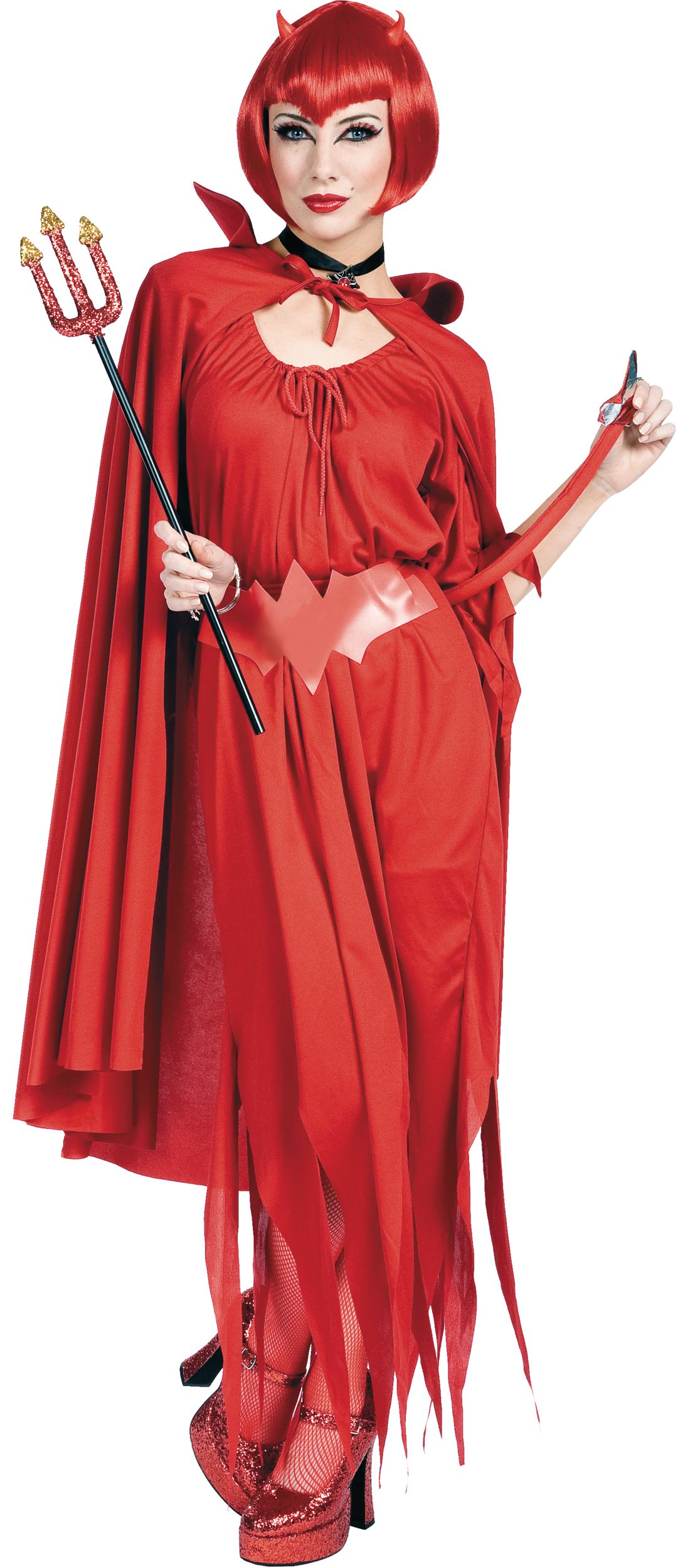 Women's Devil Red Dress with Cape & Headband Halloween Costume, One Size Front_Flat