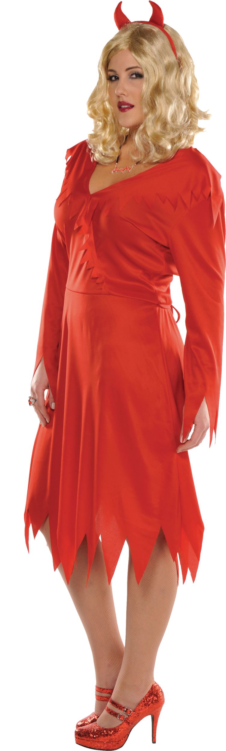 Costume de diable, femmes, robe rouge avec bandeau, tailles variées Front_Angled_Left