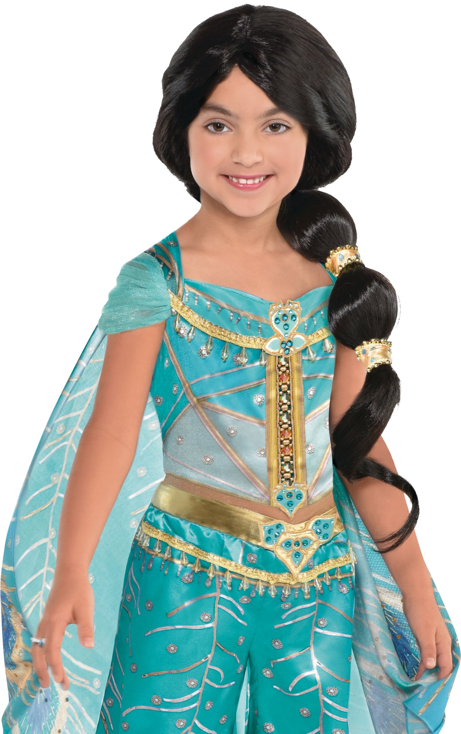 Kids' Disney Aladdin Princess Jasmine Ponytail Long Hair Wig, Black, One Size, Wearable Costume Accessory for Halloween Front_Flat