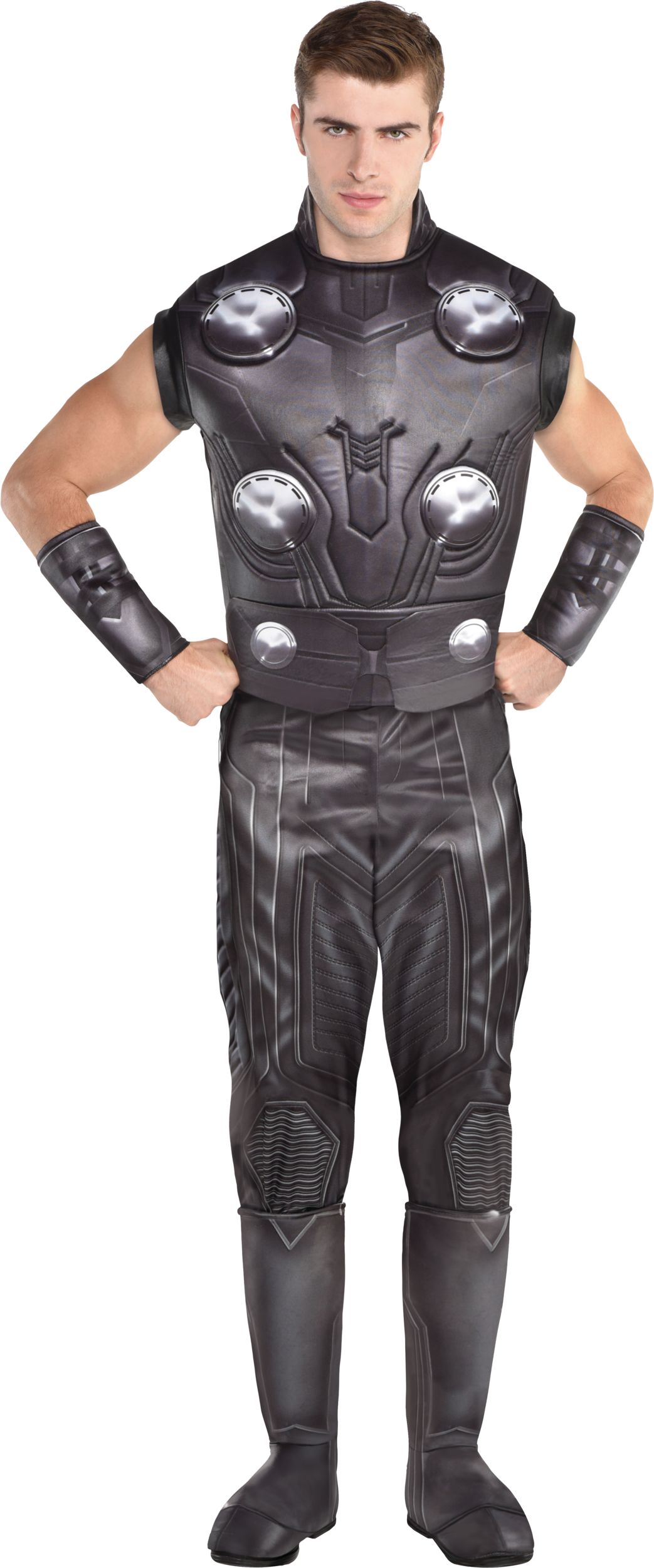 Men's Disney Marvel Thor Black Jumpsuit with Boot Covers & Guards Halloween Costume, One Size Front_Flat