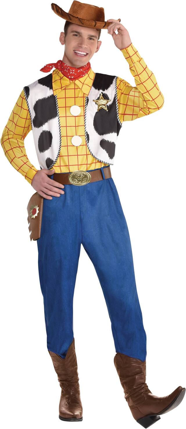 Men's Disney Pixar Toy Story Woody Cow Print Jumpsuit with Hat & Vest Halloween Costume, One Size Front_Flat