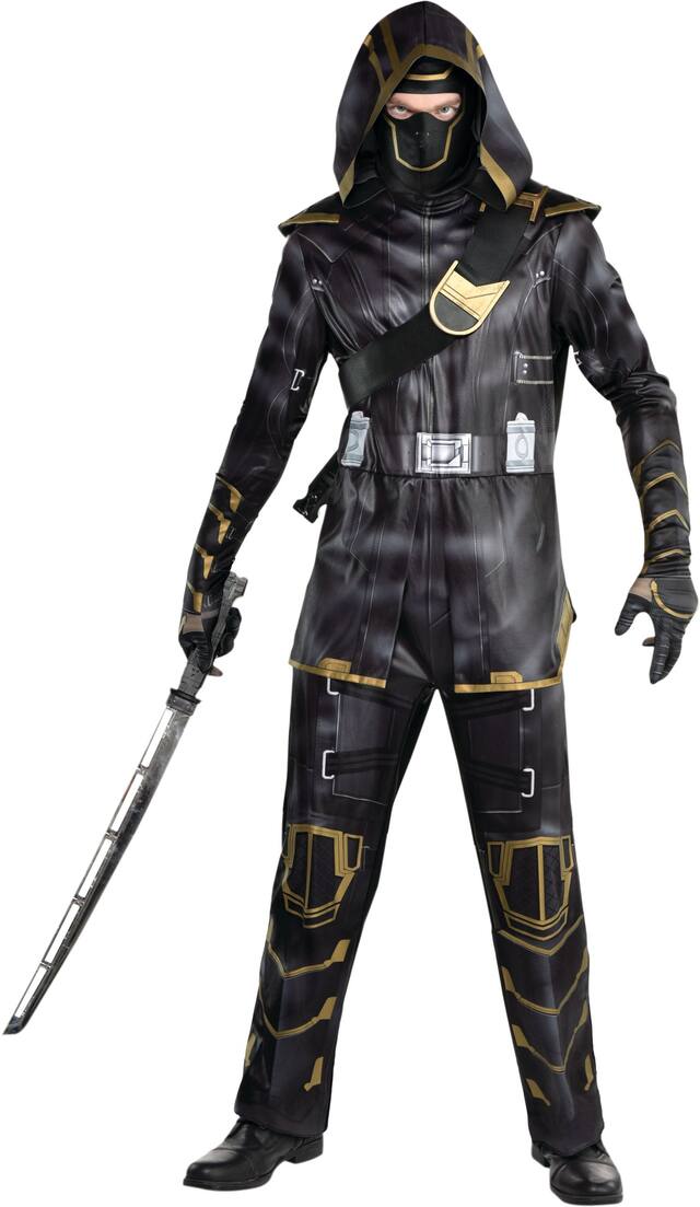 Men's Disney Marvel Hawkeye Ronin Black Jumpsuit with Hood/Gloves/Mask Halloween Costume, One Size Front_Flat