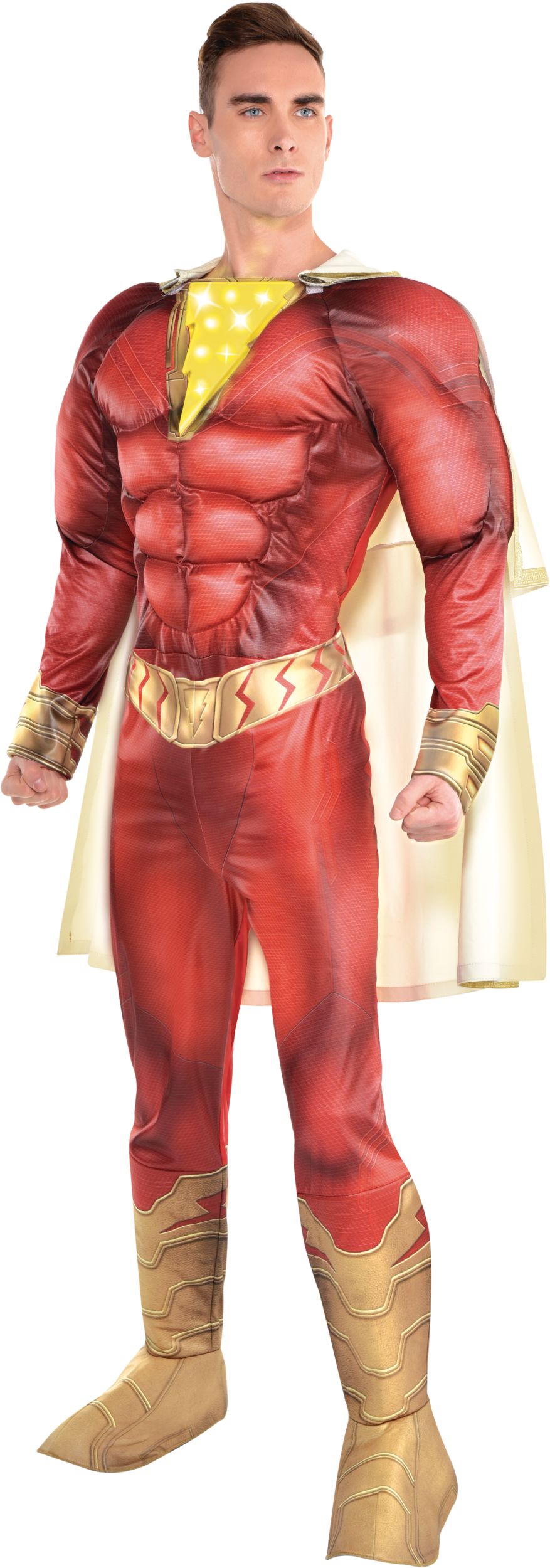Men's Shazam Red Light-Up Padded Jumpsuit with Cape Halloween Costume, Assorted Sizes Front_Angled_Left