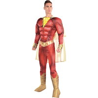 Men's Shazam Red Light-Up Padded Jumpsuit with Cape Halloween Costume, Assorted Sizes Front_Angled_Left