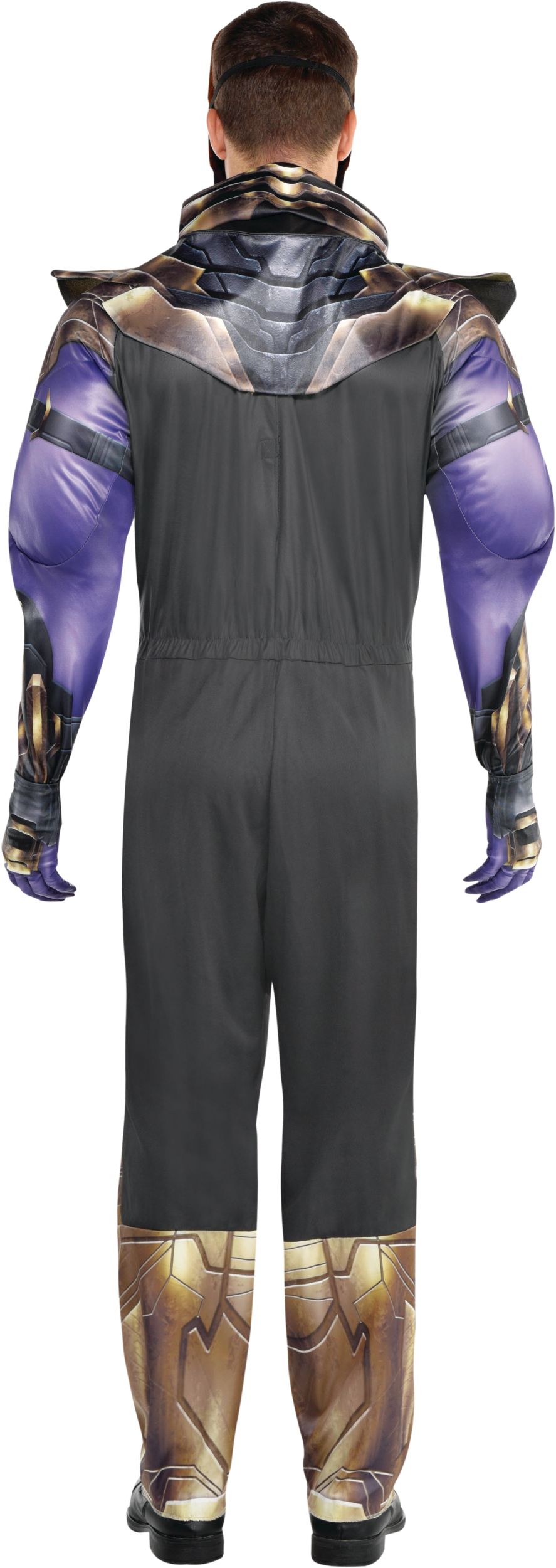 Men's Disney Marvel Guardians of the Galaxy Thanos Purple/Gold Padded Jumpsuit with Gloves & Mask Halloween Costume, Assorted Sizes Back_Flat