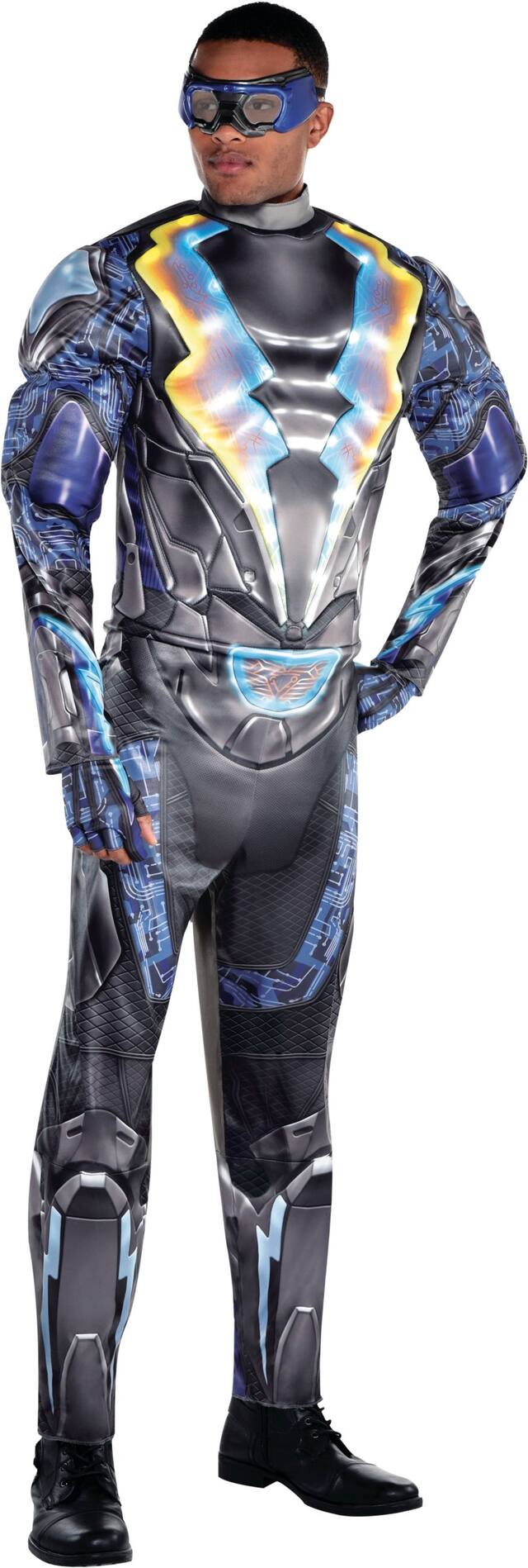 Men's DC Black Lightning Black/Blue Light-Up Padded Jumpsuit with Gloves & Mask Halloween Costume, Assorted Sizes Front_Angled_Right