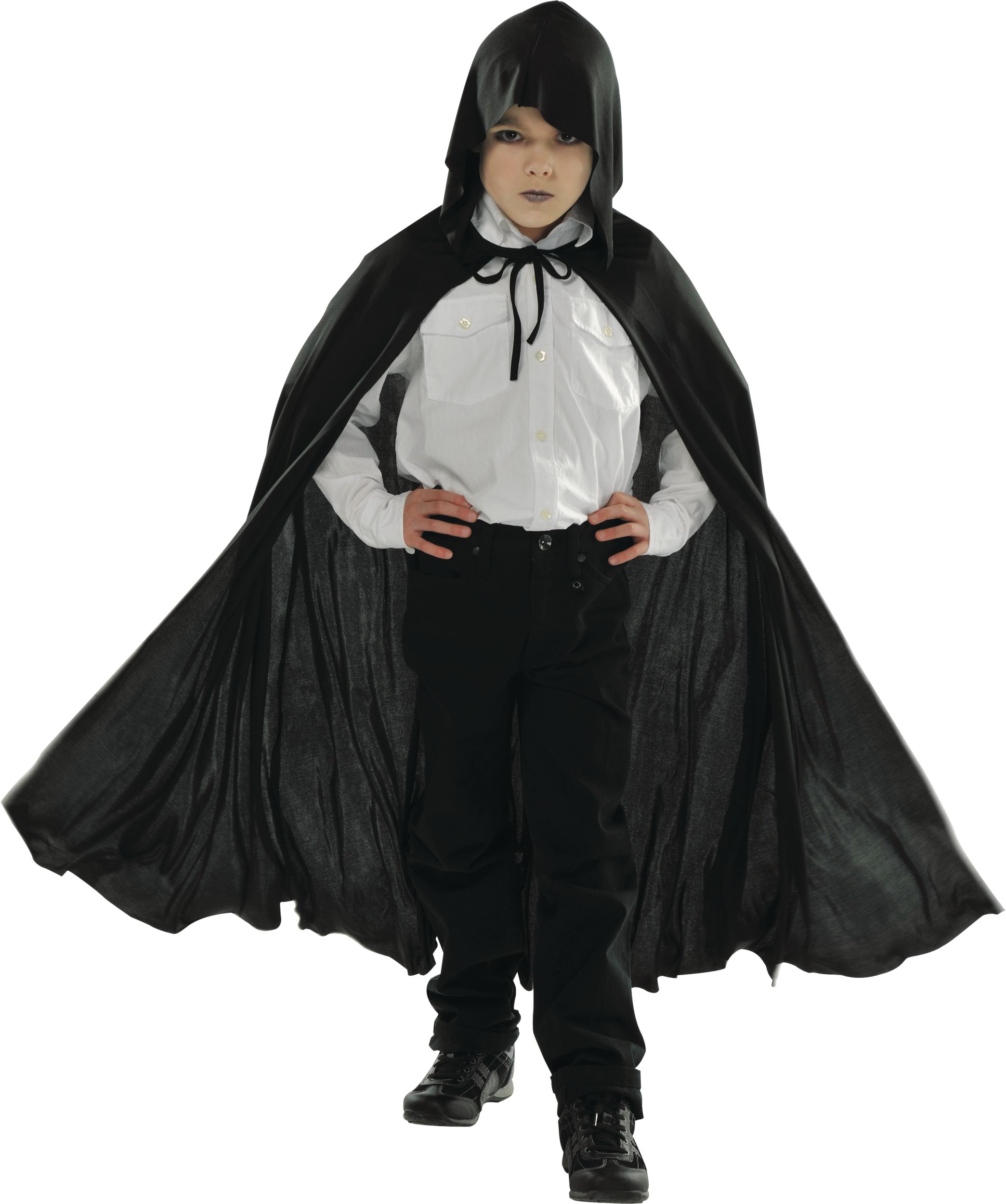 Cape avec capuchon pour enfants, noir, taille universelle, accessoire de costume à porter pour l'Halloween Front_Flat
