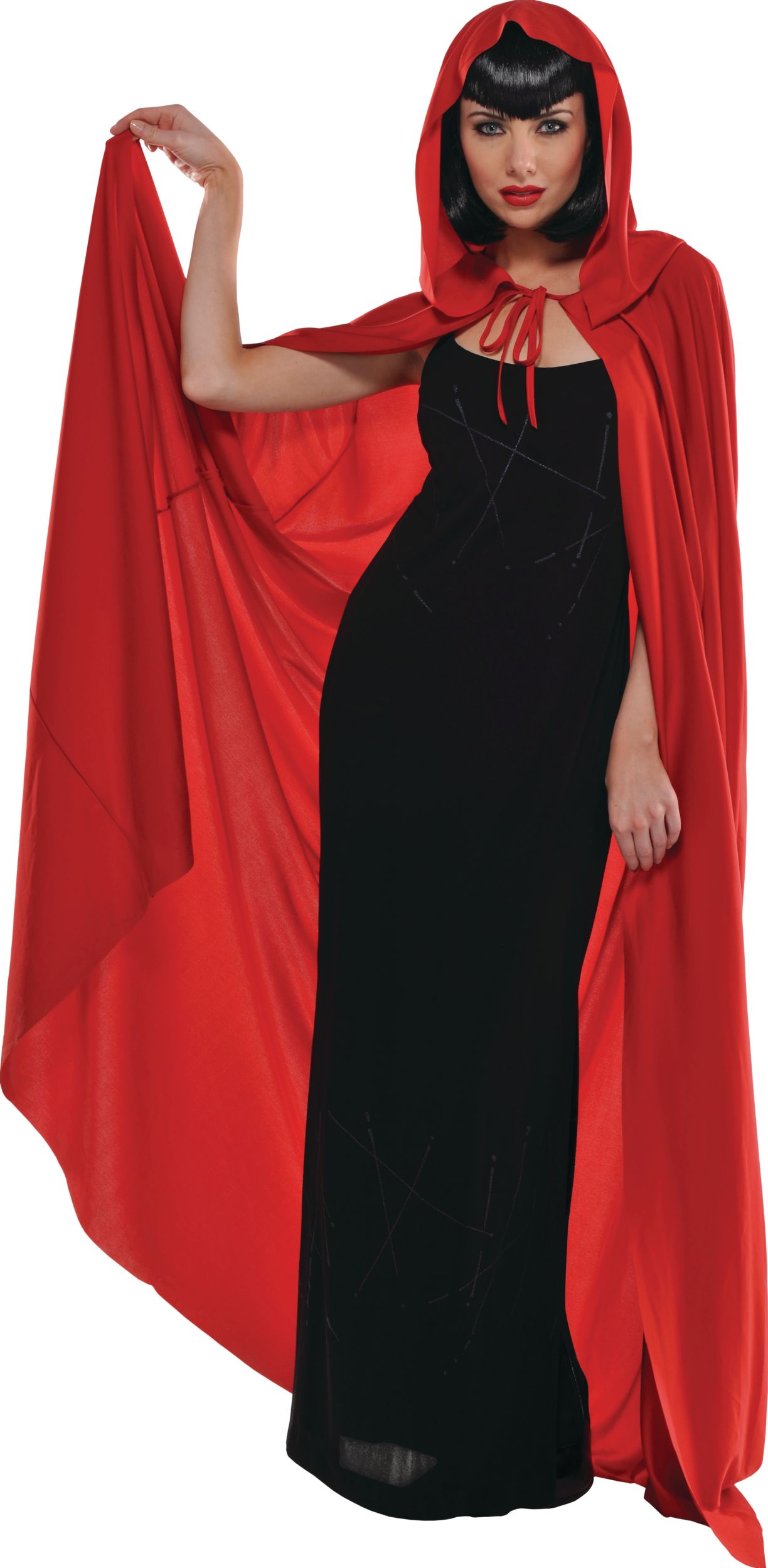 Adult Long Cape with Hood, Red, One Size, Wearable Costume Accessory for Halloween Front_Flat