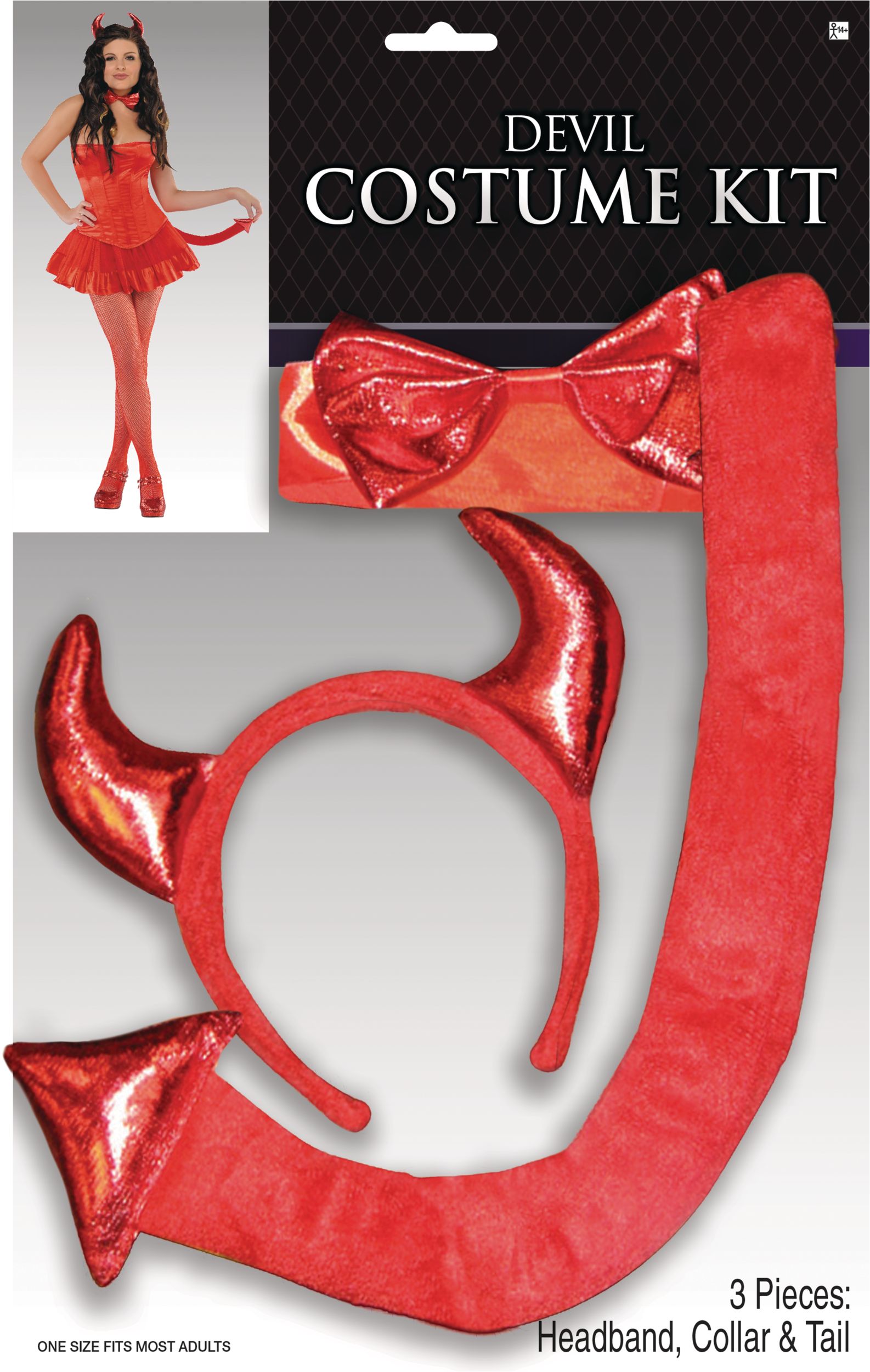 Devil Kit with Horn Headband, Tail & Choker, Red, One Size, 3-pk, Wearable Costume Accessories for Halloween Front_Flat