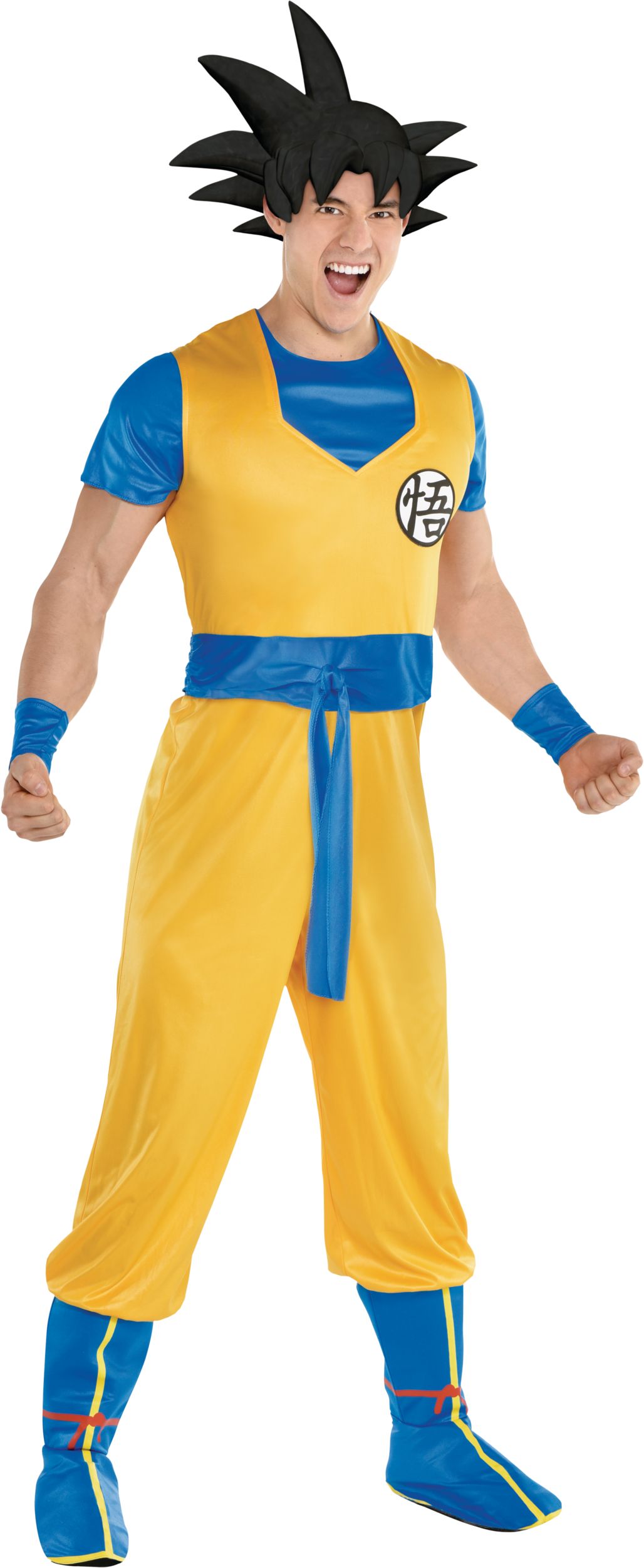 Men s Dragon Ball Goku Yellow Blue Jumpsuit with Wig Halloween Costume Assorted Sizes Party City