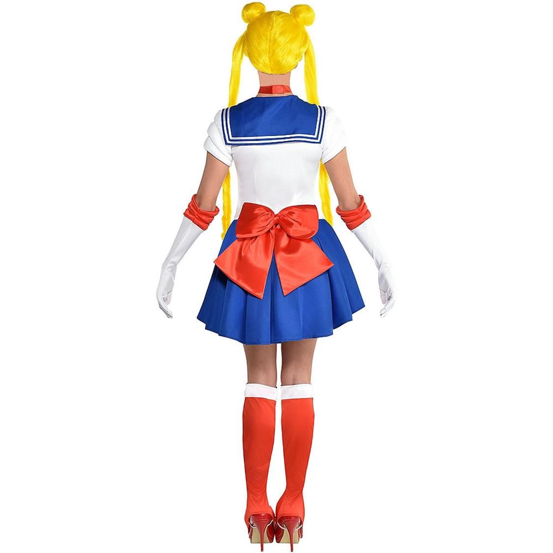 Women's Sailor Moon White/Blue/Red Dress with Headband/Necklace/Boot Covers Halloween Costume, Assorted Sizes Back_Flat