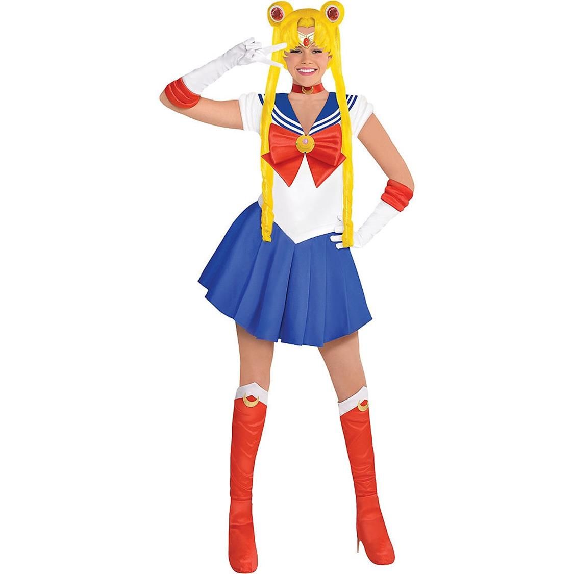 Women's Sailor Moon White/Blue/Red Dress with Headband/Necklace/Boot Covers Halloween Costume, Assorted Sizes Front_Flat