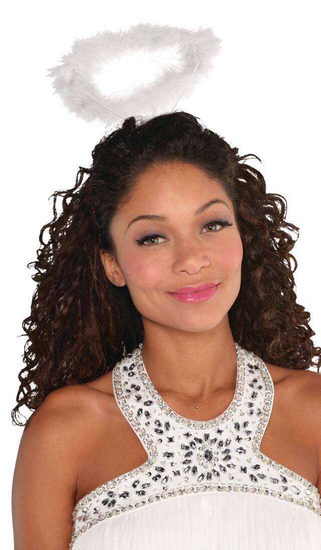 Marabou Angel Halo Headband, White, One Size, Wearable Costume Accessory for Halloween Front_Elevated