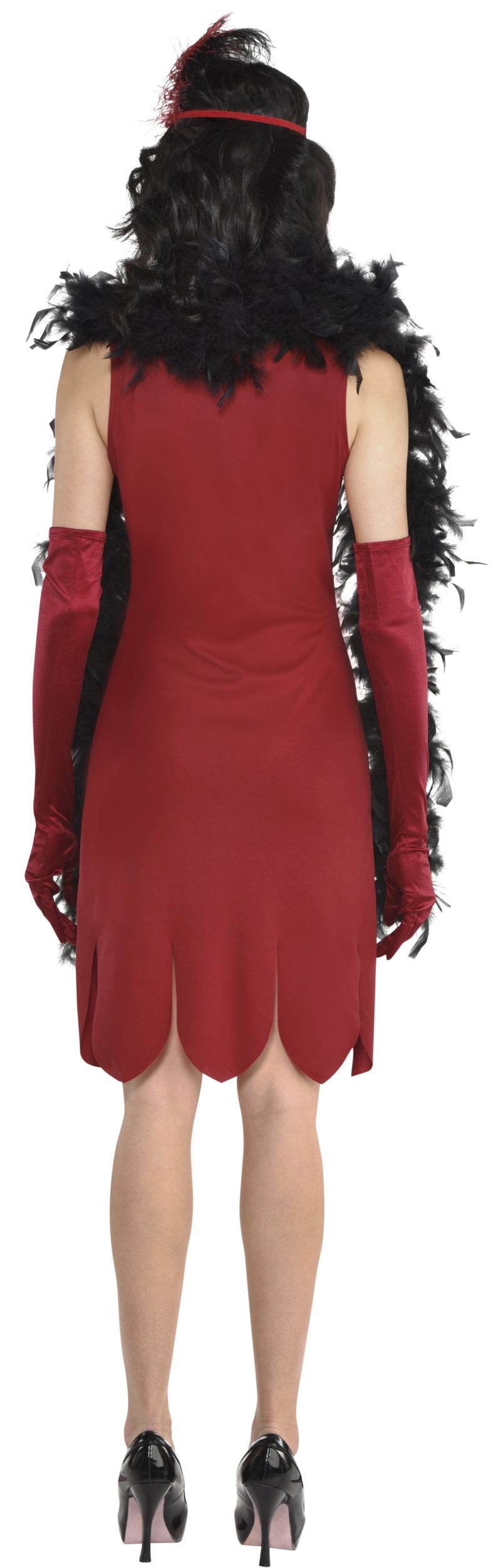 Women's Clue Miss Scarlet Red Dress with Feather Boa & Headband Halloween Costume, Assorted Sizes Back_Flat