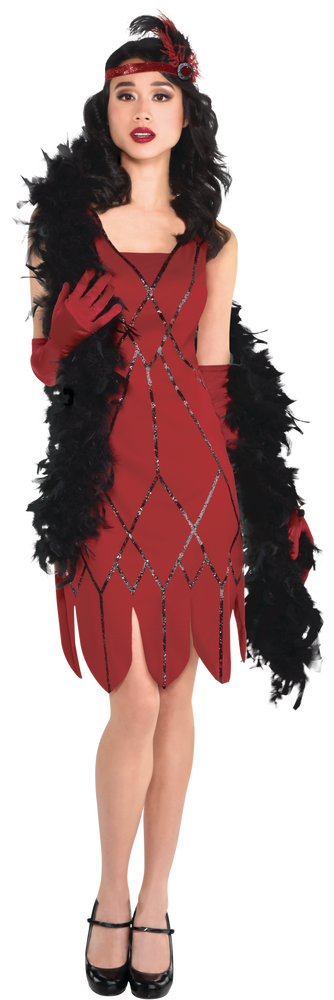 Women #39 s Clue Miss Scarlet Red Dress with Feather Boa Headband