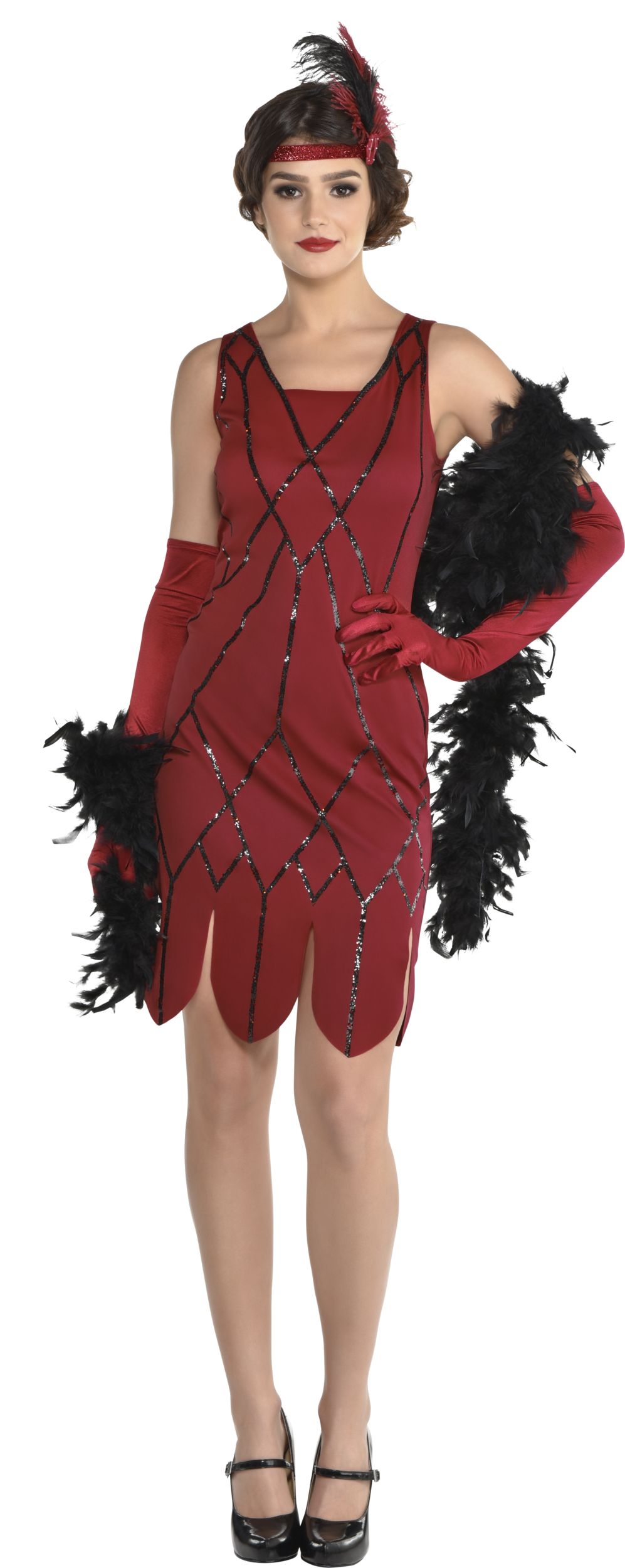 Women's Clue Miss Scarlet Red Dress with Feather Boa & Headband Halloween Costume, Assorted Sizes Front_Flat