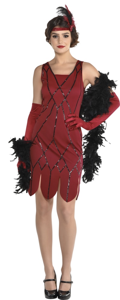 Women #39 s Clue Miss Scarlet Red Dress with Feather Boa Headband