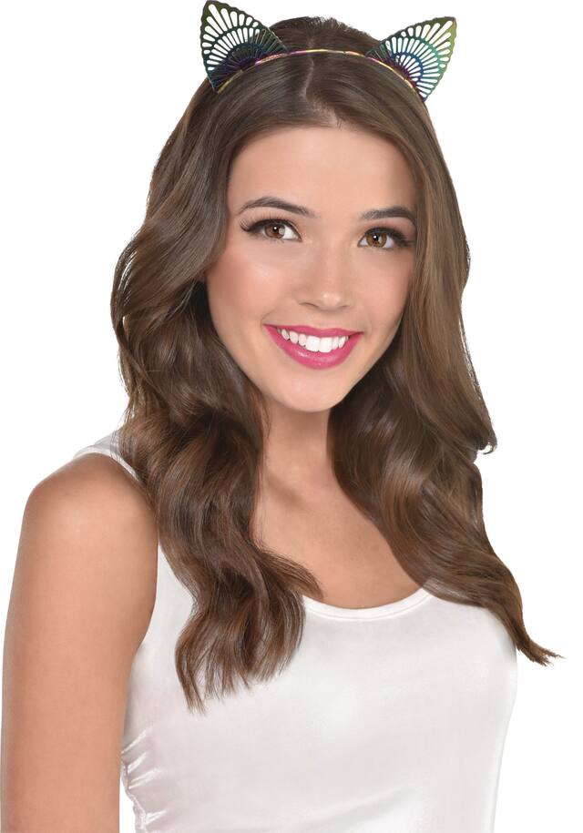 Metal Filigree Cat Ears Headband, Rainbow, One Size, Wearable Costume Accessory for Halloween Front_Flat