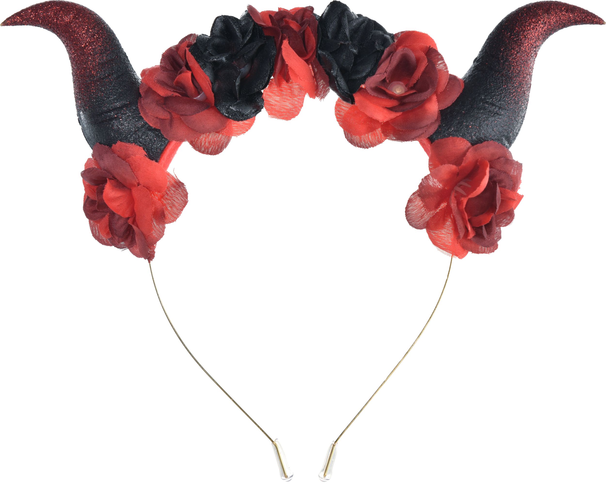 Devil Horns Flower Crown Heaband, Black/Red, One Size, Wearable Costume Accessory for Halloween Front_Flat