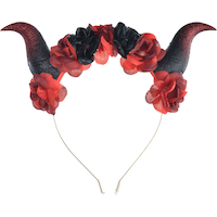 Serre-tête de fleurs avec cornes de diable, noir/rouge, taille unique, accessoire de costume à porter pour l'Halloween Front_Flat