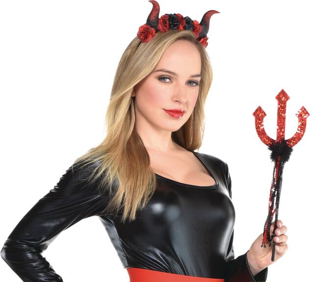 Devil Horns Flower Crown Heaband, Black/Red, One Size, Wearable Costume Accessory for Halloween Front_Angled_Right
