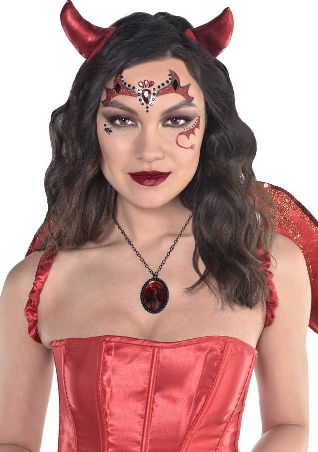 Devil Face & Body Adhesive Gems, Red, One Size, Wearable Costume Accessories for Halloween Front_Angled_Right
