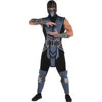 Men's Mortal Kombat Black/Blue Jumpsuit with Mask & Hood Halloween Costume, Assorted Sizes Front_Flat