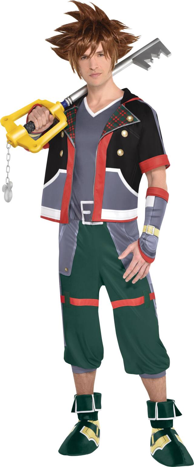 Men's Kingdom Hearts Sora Grey/Green Jumpsuit with Boot Covers Halloween Costume, One Size Front_Flat