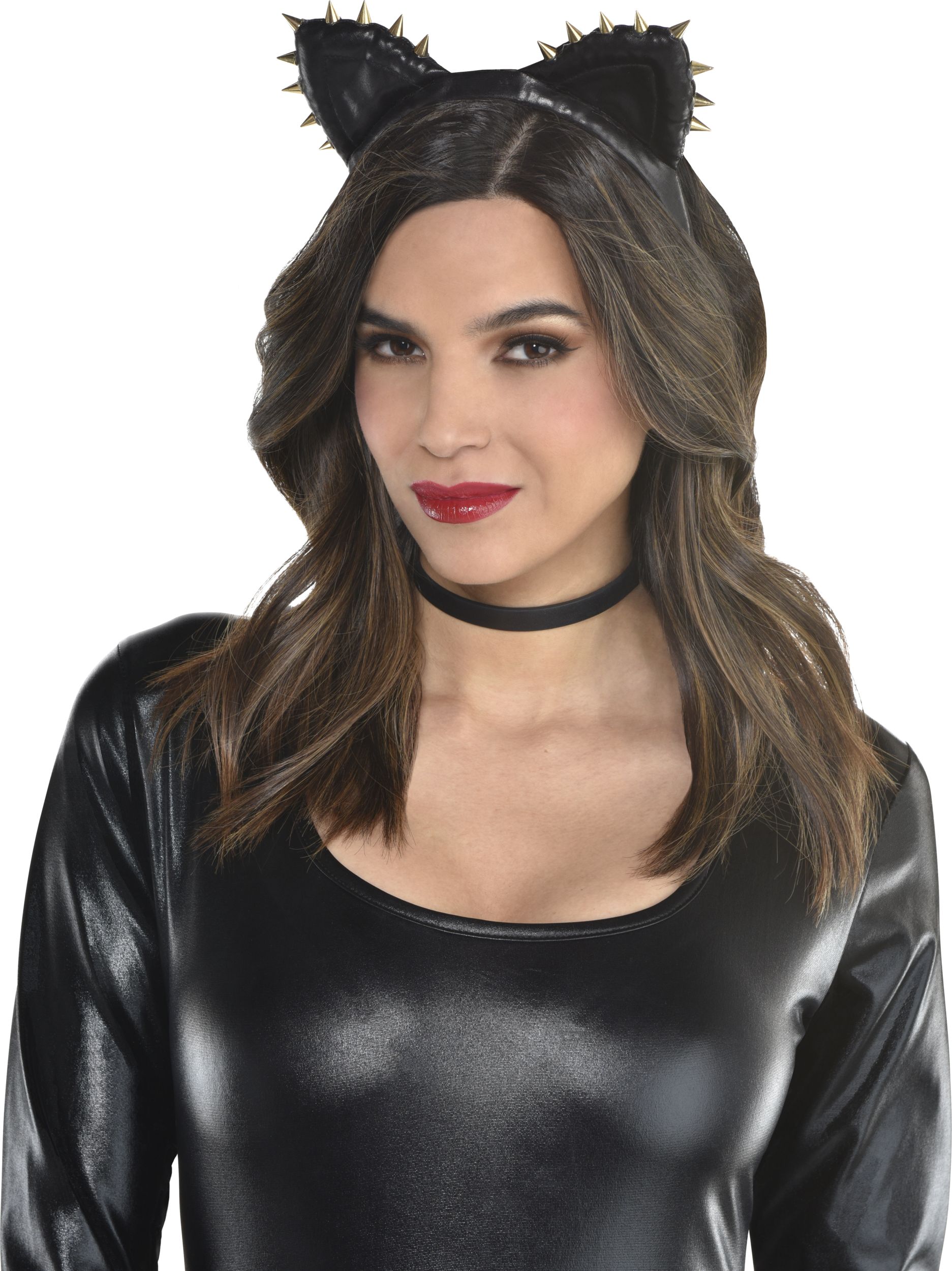 Glam Studded Rebel Cat Ears Headband, Black/Gold, One Size, Wearable Costume Accessory for Halloween Front_Flat