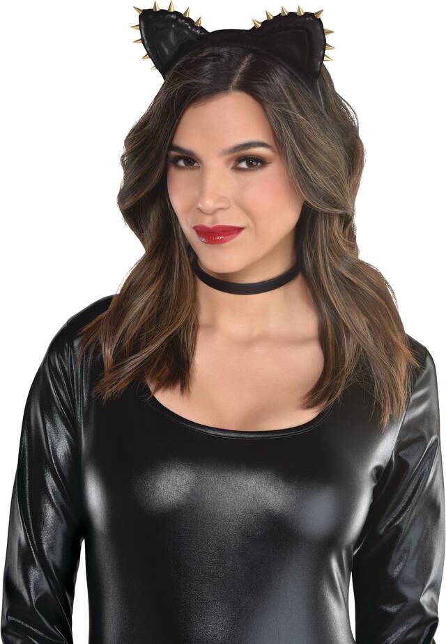 Glam Studded Rebel Cat Ears Headband, Black/Gold, One Size, Wearable Costume Accessory for Halloween Front_Flat