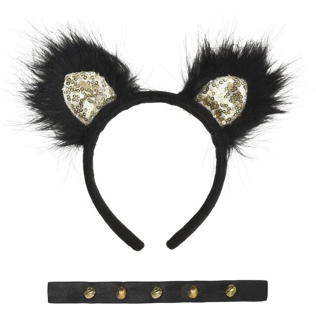Sequin Fuzzy Honey Cat Ears Headband, Black/Gold, One Size, Wearable Costume Accessory for Halloween Front_Flat