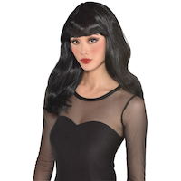 Long Wavy Hair Wig with Bangs, Black, One Size, Wearable Costume Accessory for Halloween Front_Angled_Left