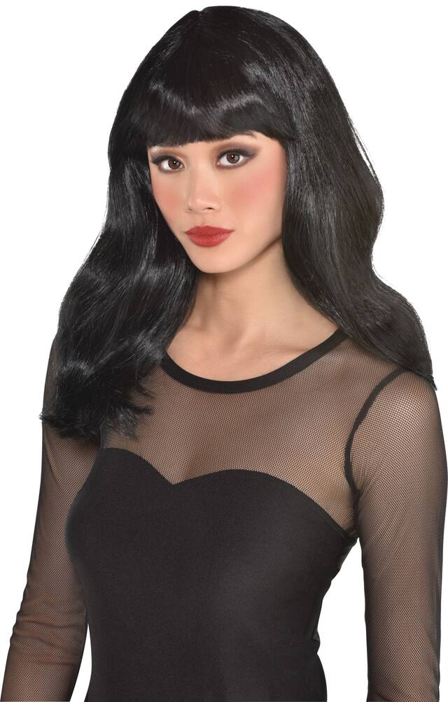 Long Wavy Hair Wig with Bangs, Black, One Size, Wearable Costume Accessory for Halloween Front_Angled_Left